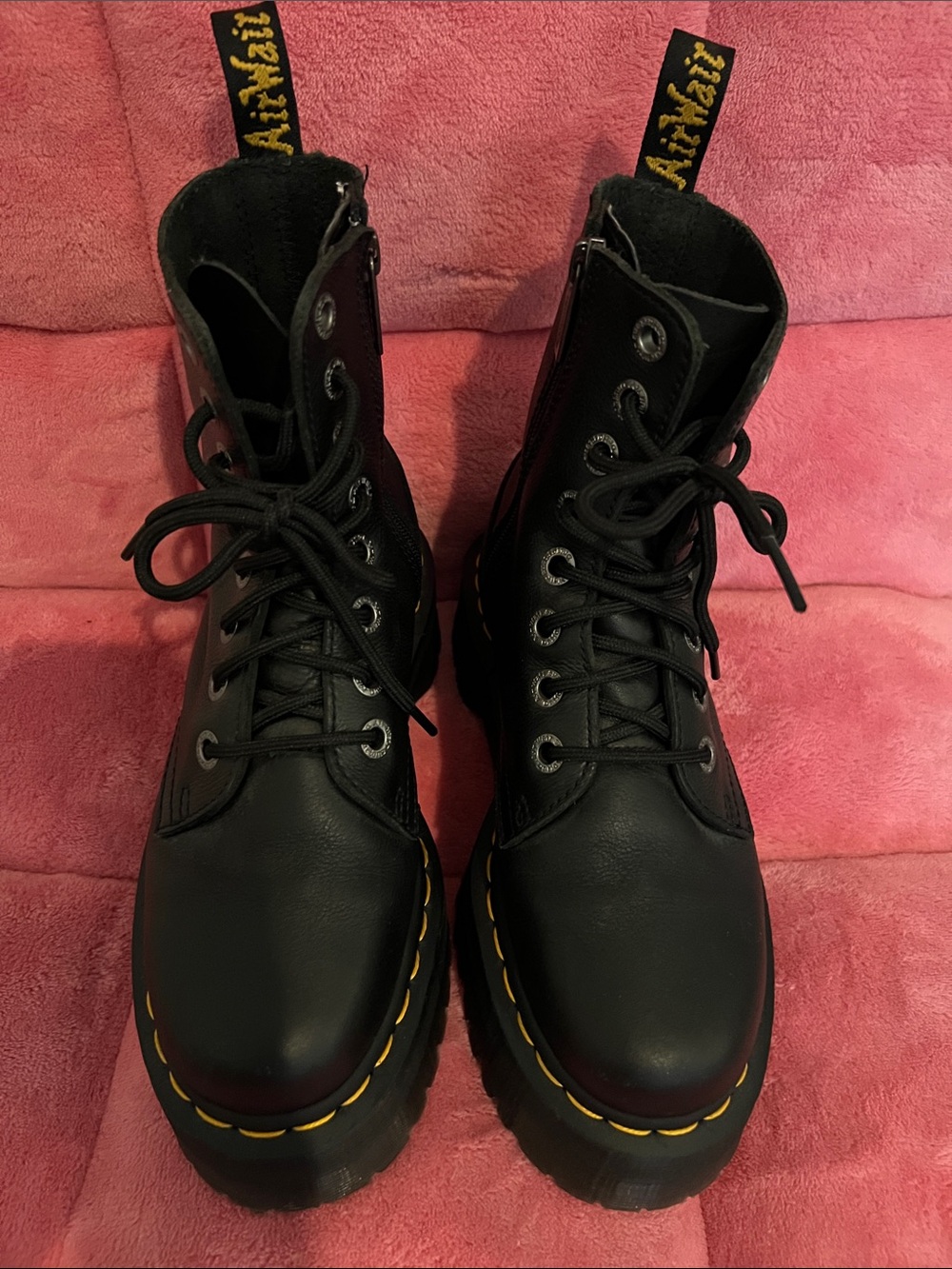 Dr. Martens Black Platform Lace-Up Combat Boots with Yellow Stitching